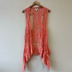 Boho Festival Coral Crochet Lace Open-Front Vest